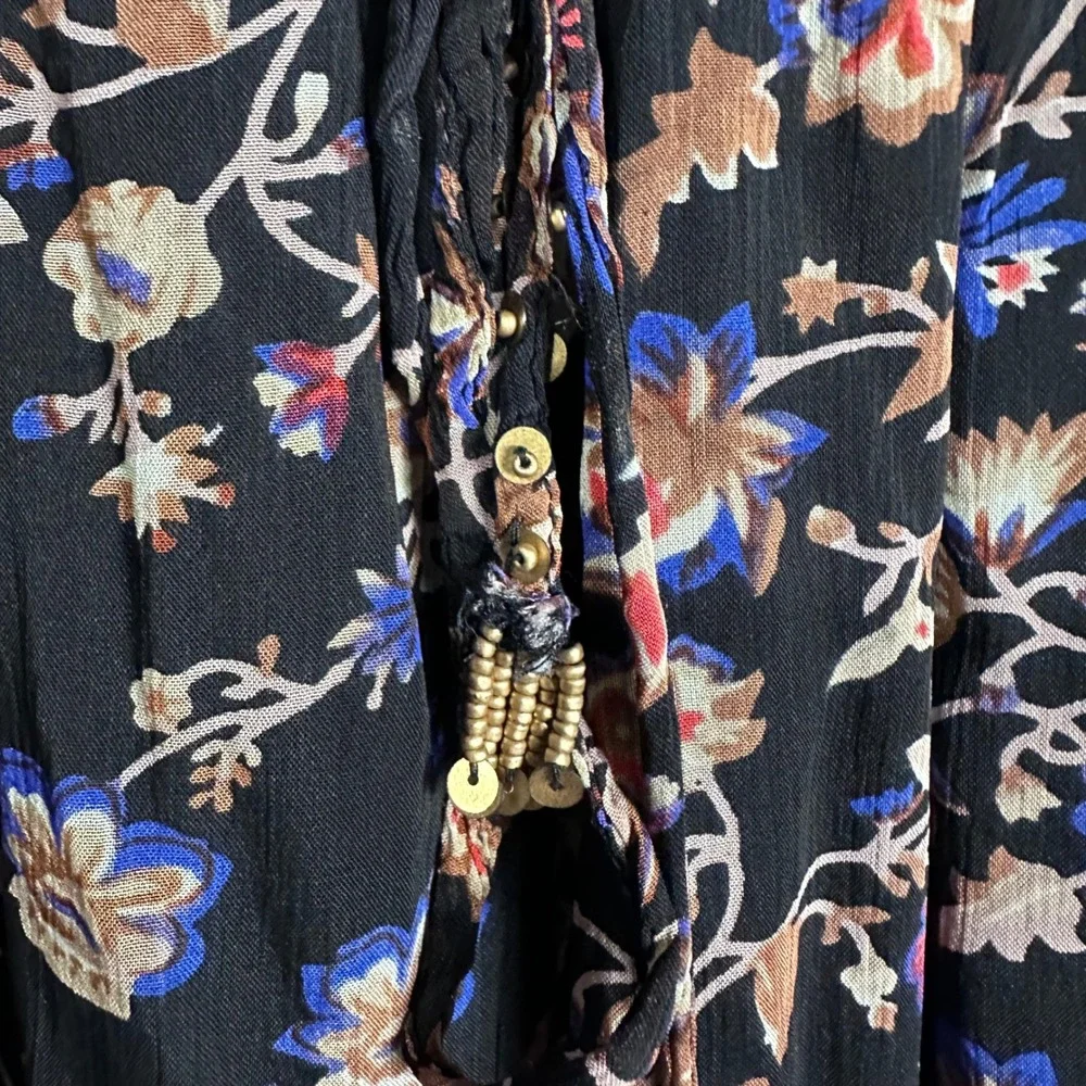 Free People Floral Sleeveless Jumpsuit‎ Black Boho Button Front Pockets sheer